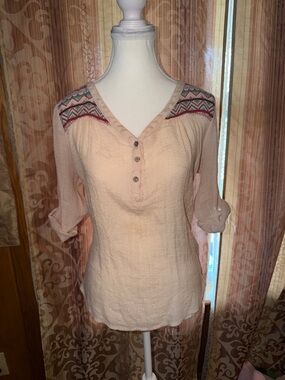 Wet Seal Cream Embroidered Shoulder Henley Tunic